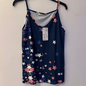 Navy Star Pattern Tank Top with Button Accent